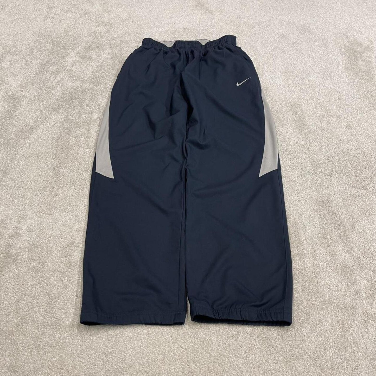 Nike tracksuit bottoms wide leg navy Floaty unlined embroidered side stripe track pants