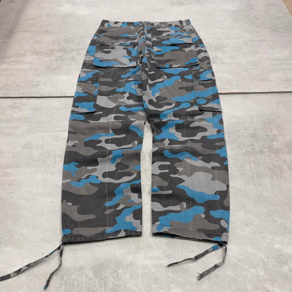 Baggy camo Access cargo pants W34L32 blue grey tiger camouflage y2k style cargos adjustable cuffs