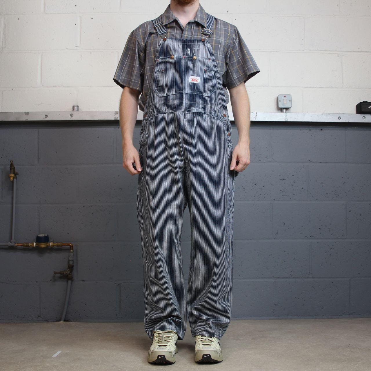 Vintage stripe denim dungarees 00s round house overalls blue Patch logo and adjustable straps