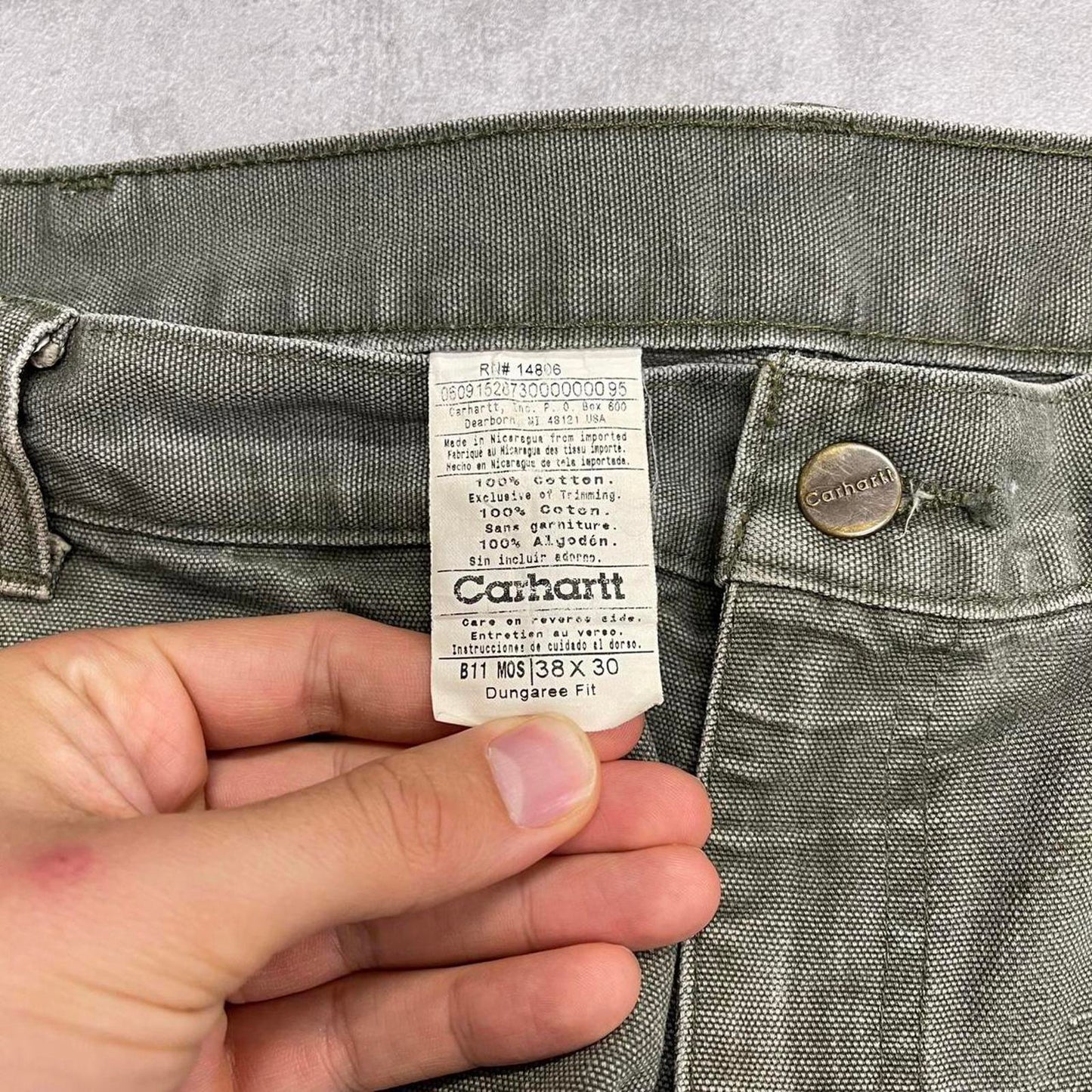 Green baggy Carhartt carpenter jeans W38 L30 wide leg canvas 90s style skater cargos