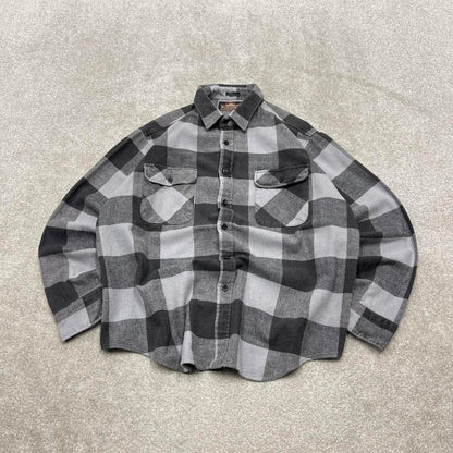 Checkered plaid flannel overshirt autumnal XL grey men's long sleeve thick button up y2k style
