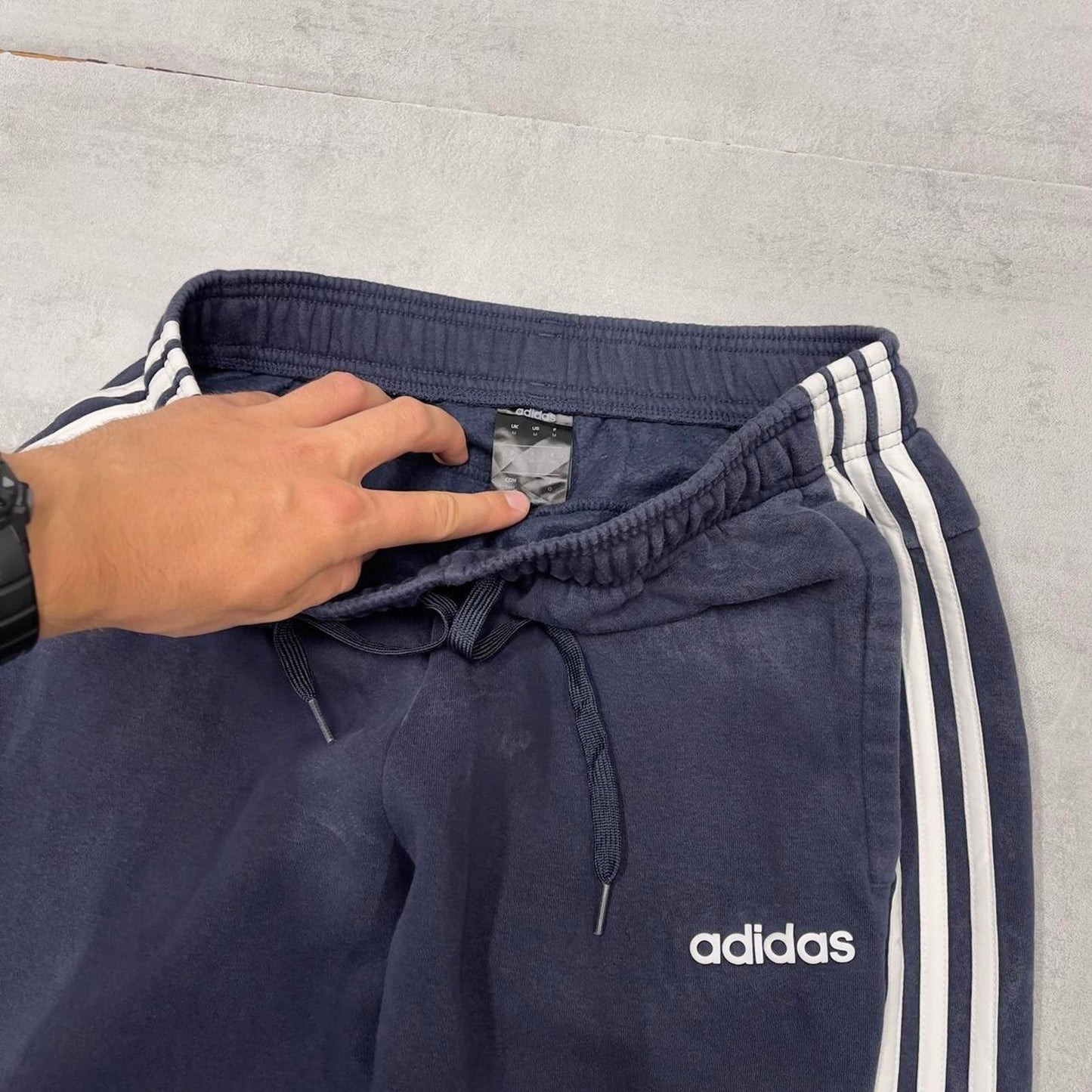 Vintage navy Adidas joggers M y2k style sportswear track pants side stripe design