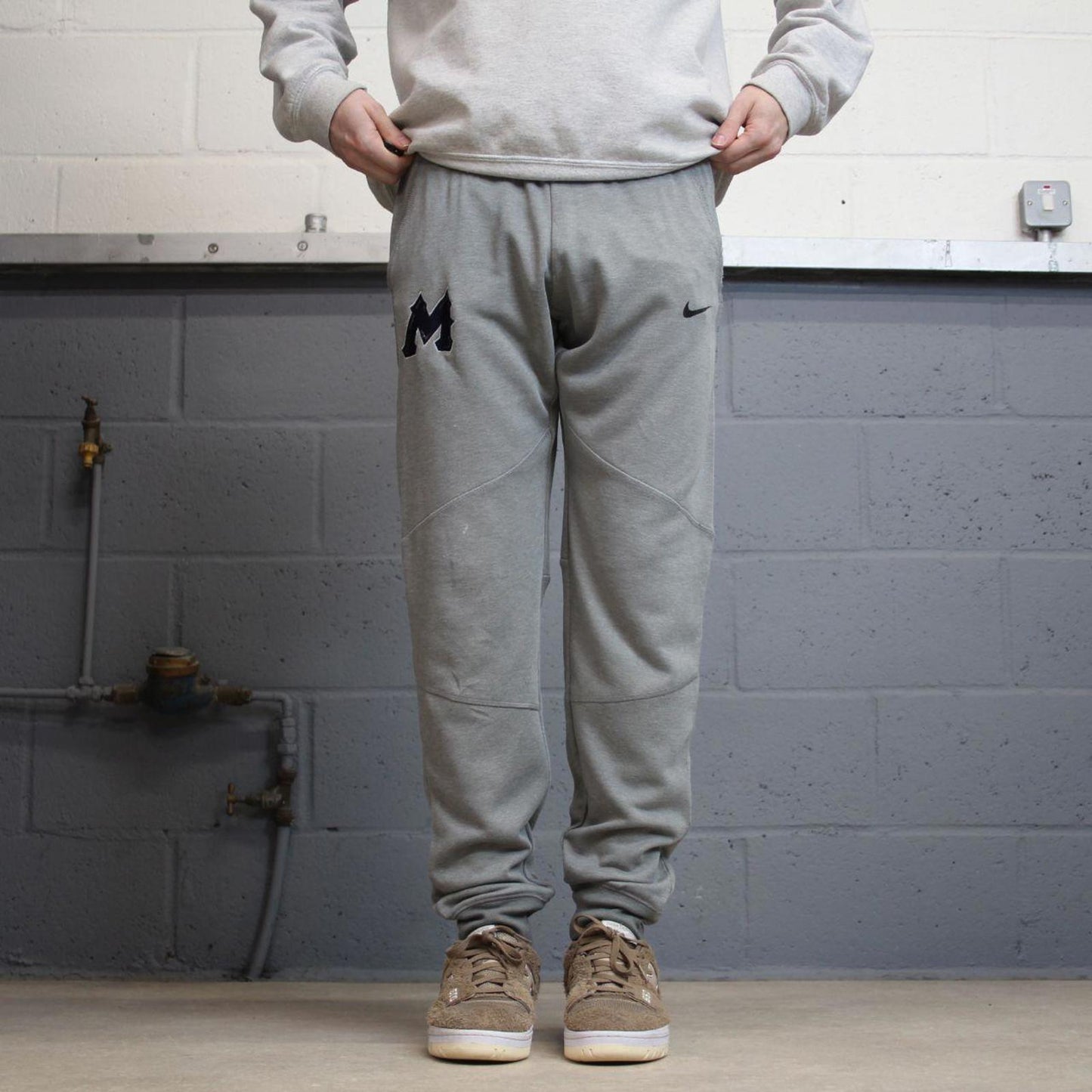 Grey Nike Trackies S y2k sportswear track pants print logo embroidered design