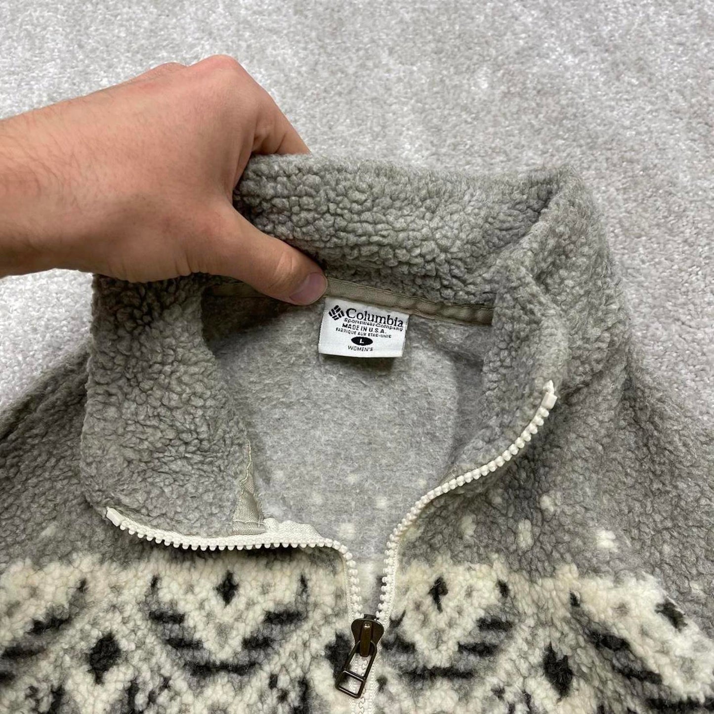 Grey beige aztec Columbia technical fleece L women's y2k style full zip up autumn adjustable waist