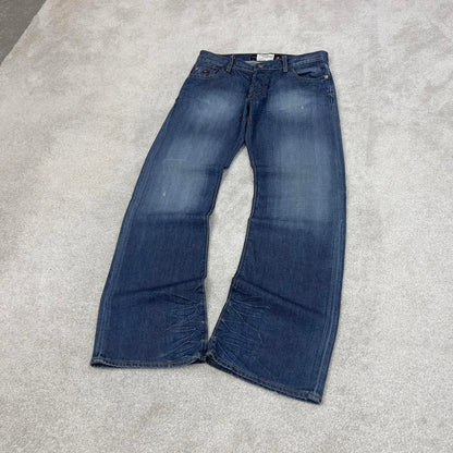 Blue Energie jeans W34L34 loose bootcut y2k 00s style jeans embroidered stitch detail