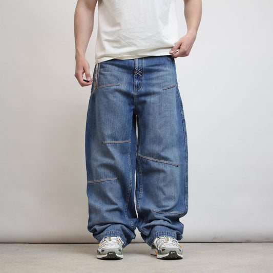 Mens baggy Macgear jeans W38 L34 blue wide leg embroidered skater jeans