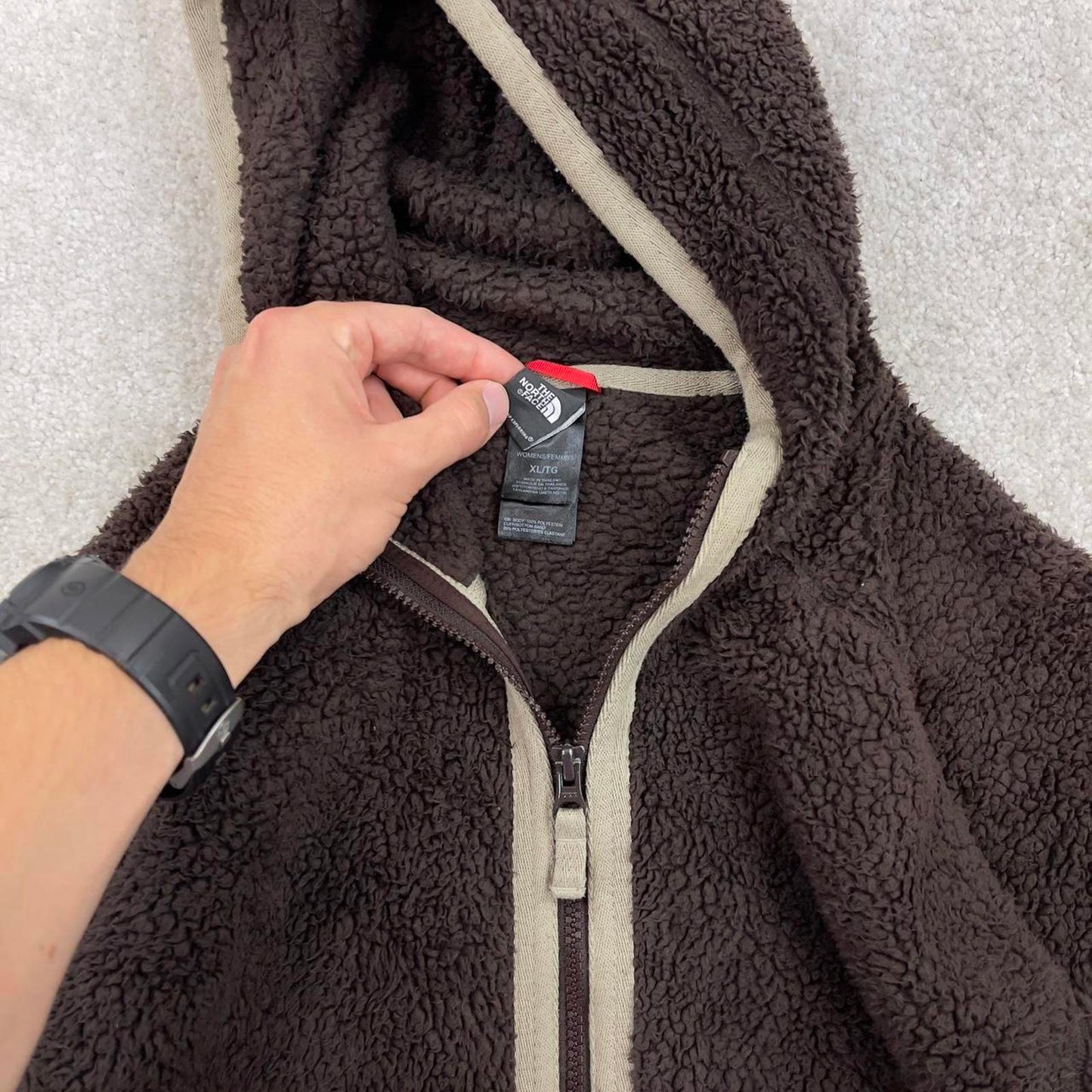 North Face high pile technical fleece hoodie XL women's brown full zip y2k teddy bear style autumn