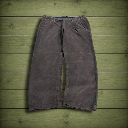 Hiltl pleated corduroy pants loose khaki grey Thick wide wale chunky jumbo cord trousers