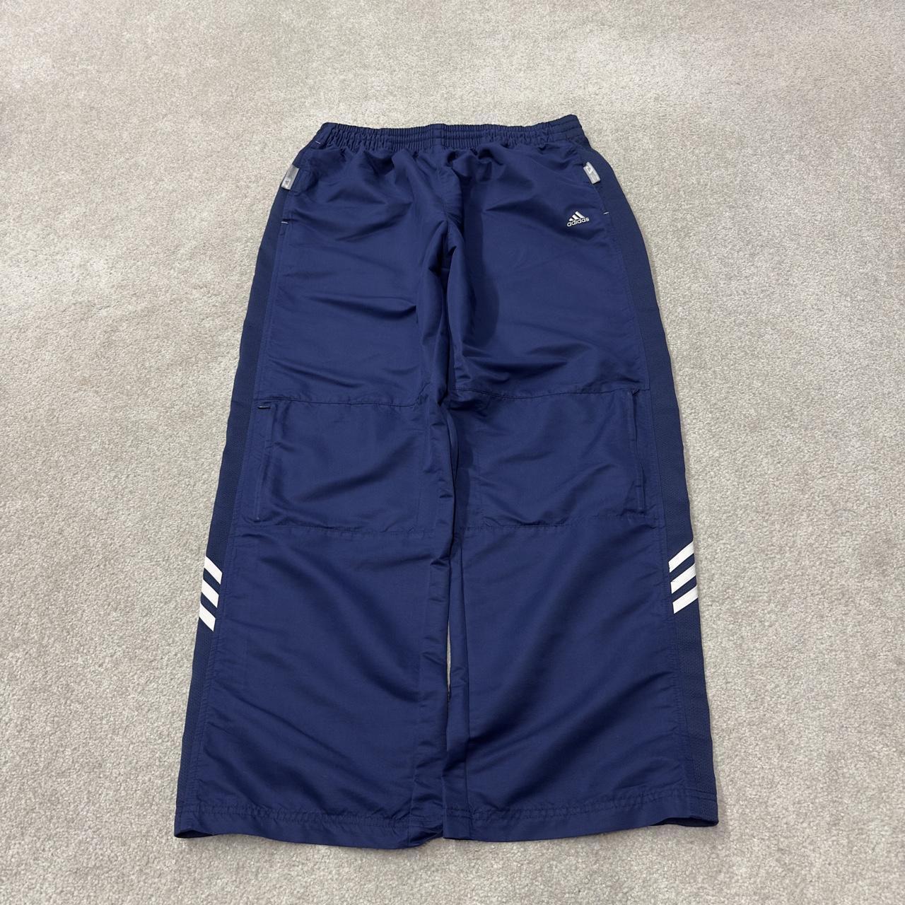 Adidas baggy tracksuit bottoms y2k L navy side stripe design embroidered logo track pants