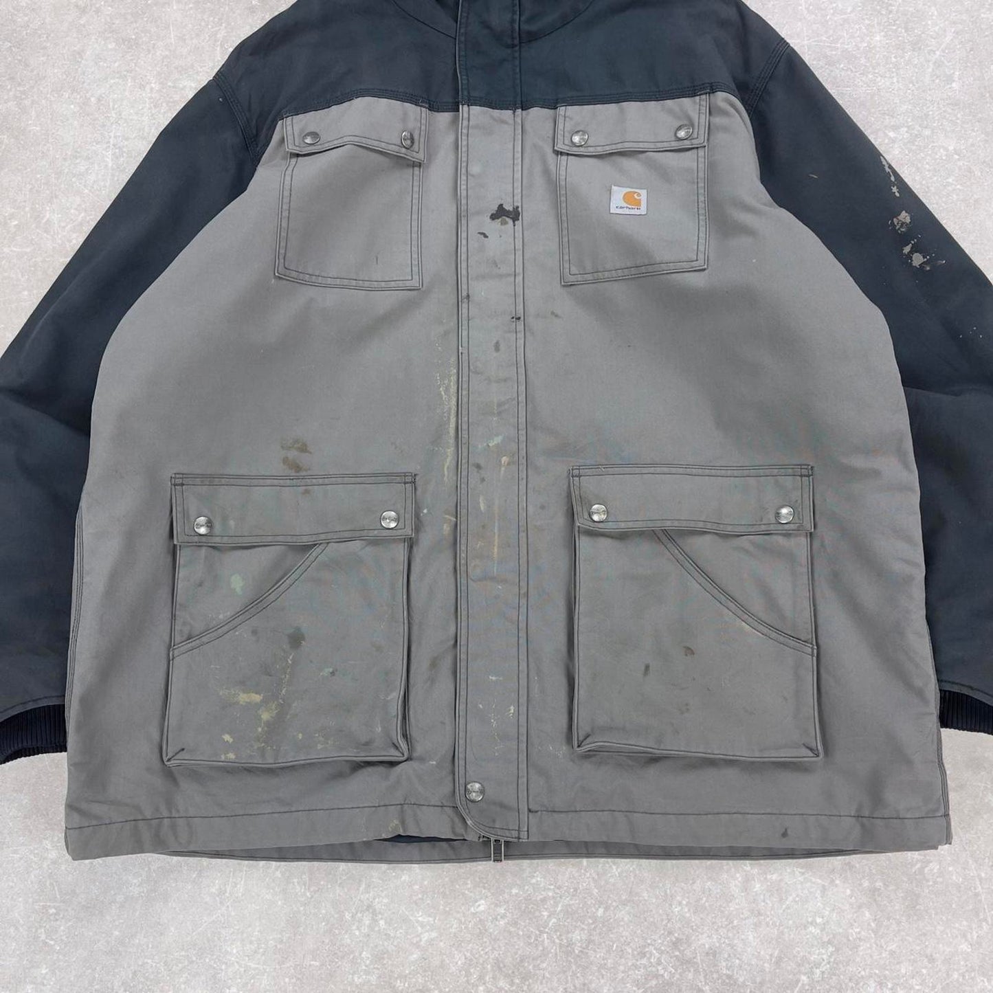 Hooded Carhartt jacket 2XL sherpa lined parker style workwear coat black grey