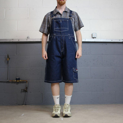 Vintage baggy denim dungaree shorts 00s blue Phat farm detailing and adjustable straps