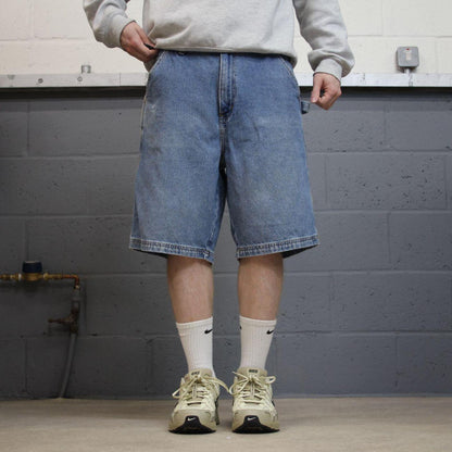Denim carpenter shorts cargo loose blue Workwear style surf festival jorts