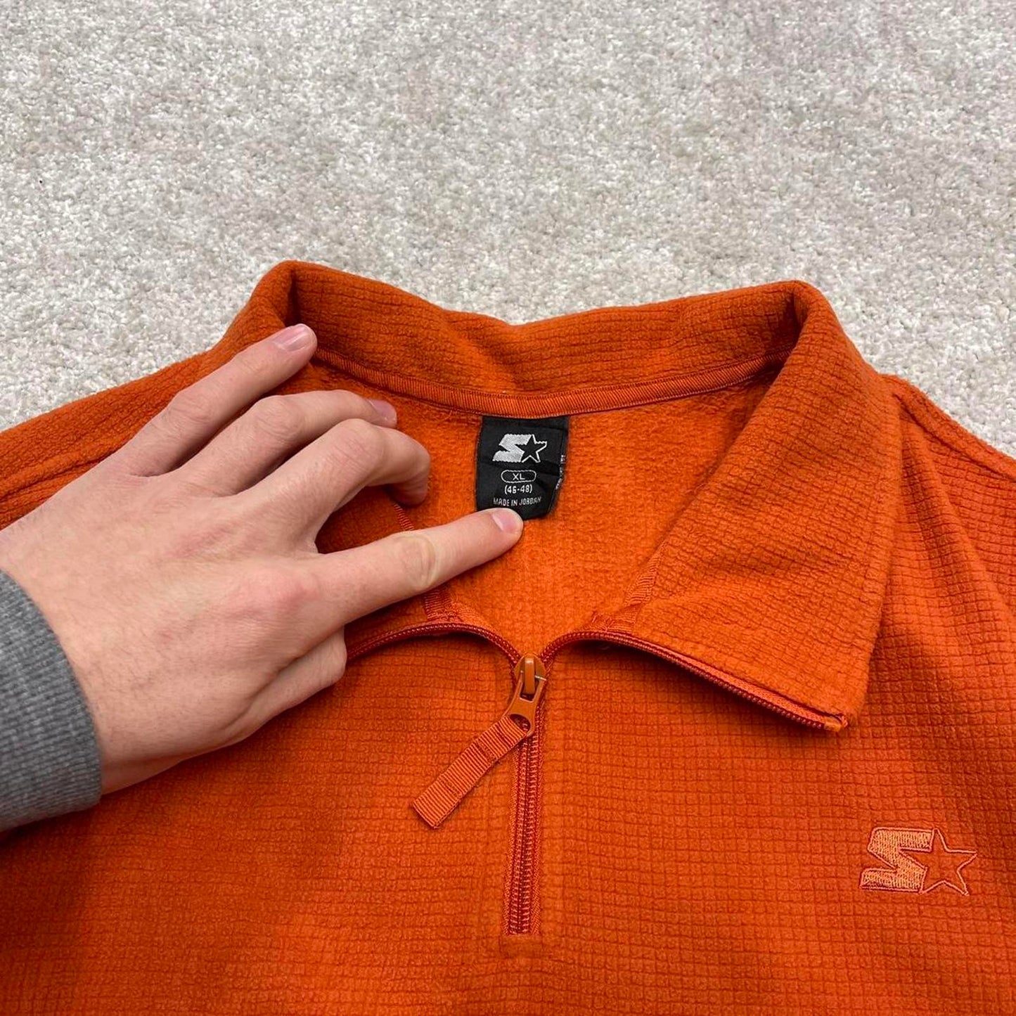 Starter technical fleece XL orange y2k style embroidered logo autumn winter 1/4 zip waffle knit