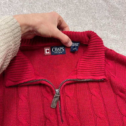 Y2K CHAPS 1/4 zip knit sweater jumper red Embroidered logo chunky cable knitted pullover