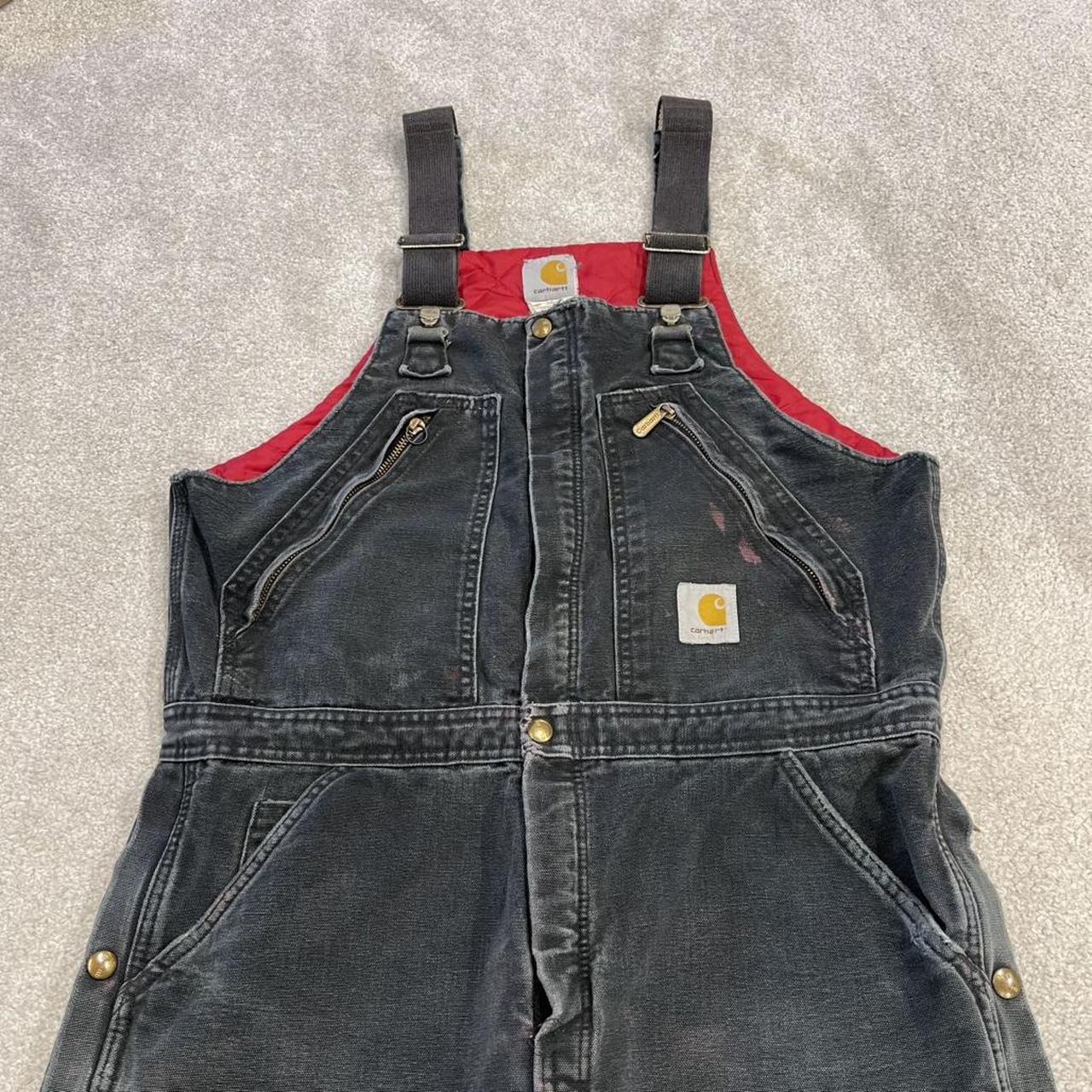Vintage Carhartt dungarees faded black overalls Quilted bib & brace utility workwear