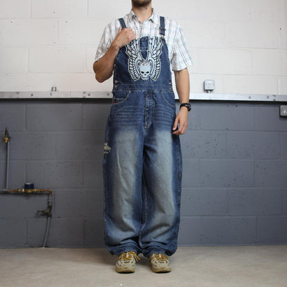 Johnny Blaze dungarees baggy y2k denim blue The Worriors embroidered bib overalls skater