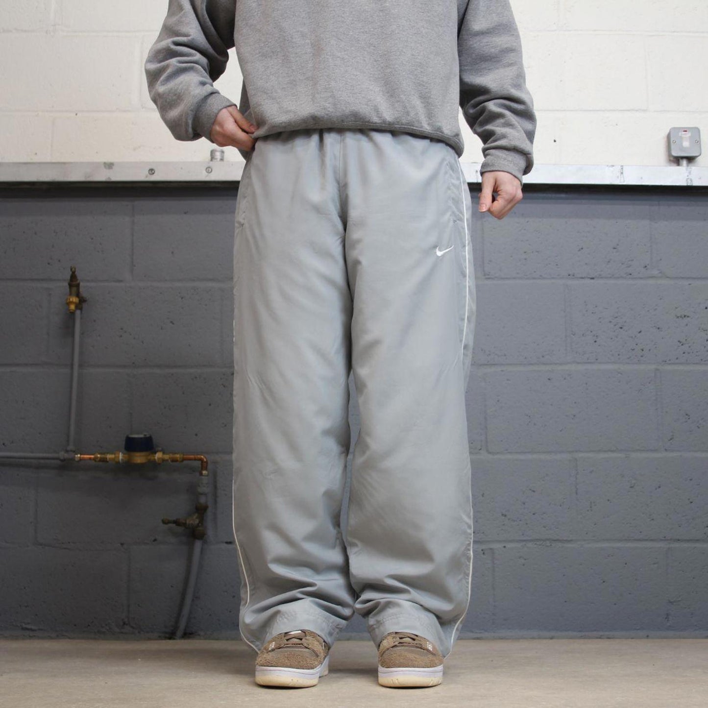 Y2k baggy Nike tracksuit bottoms grey Loose wide-leg lined embroidered stripe track pants