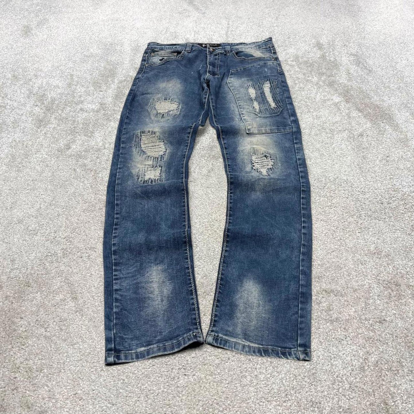 Y2k 00s embroidered Rocawear jeans W32L32 skinny blue denim stitch distressed skate style hip hop