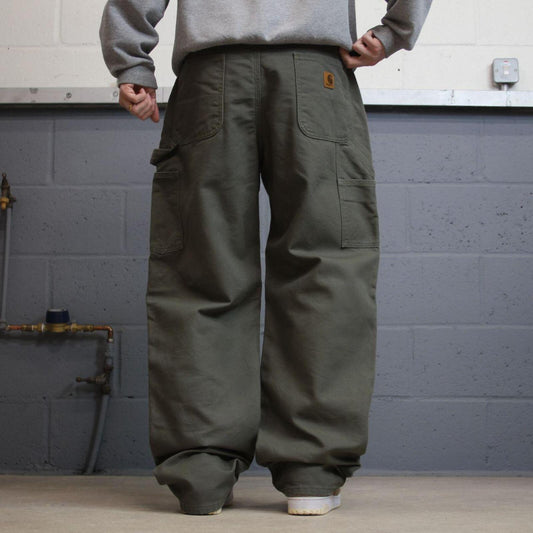 Carhartt baggy carpenter jeans wide leg green Checkered flannel lined skate cargo work pants