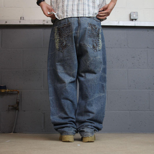 Phat Classic embroidered jeans loose washed blue denim Y2K Phat Farm loose surf style pants