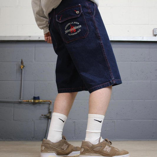 Y2k baggy Johnny Blaze denim shorts skater style blue Loose embroidered summer festival shorts