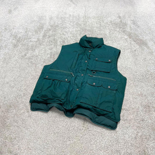 Eddie Bauer technical puffer gilet L women’s green full zip goose down vest outdoors hiking autumn
