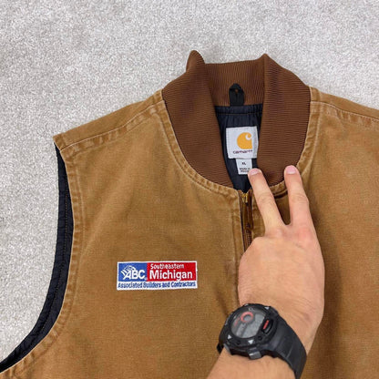 Tan Carhartt gilet XL thick canvas padded body warmer vest embroidered design American