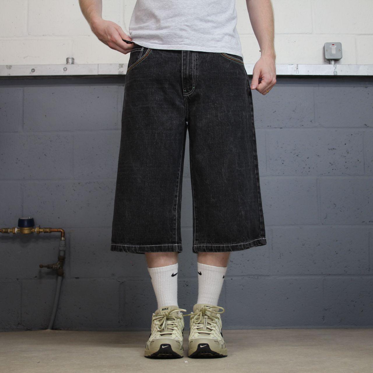Long baggy denim shorts y2k black 4Fatherz skater style shorts with paisley pattern design