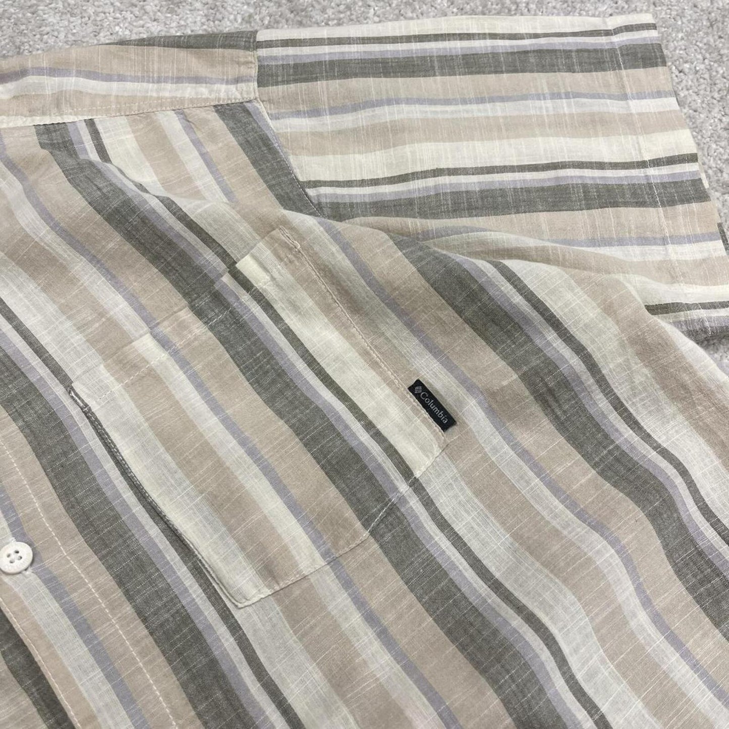 Columbia striped short sleeve shirt beige green Surf style stripey shirt summer festival