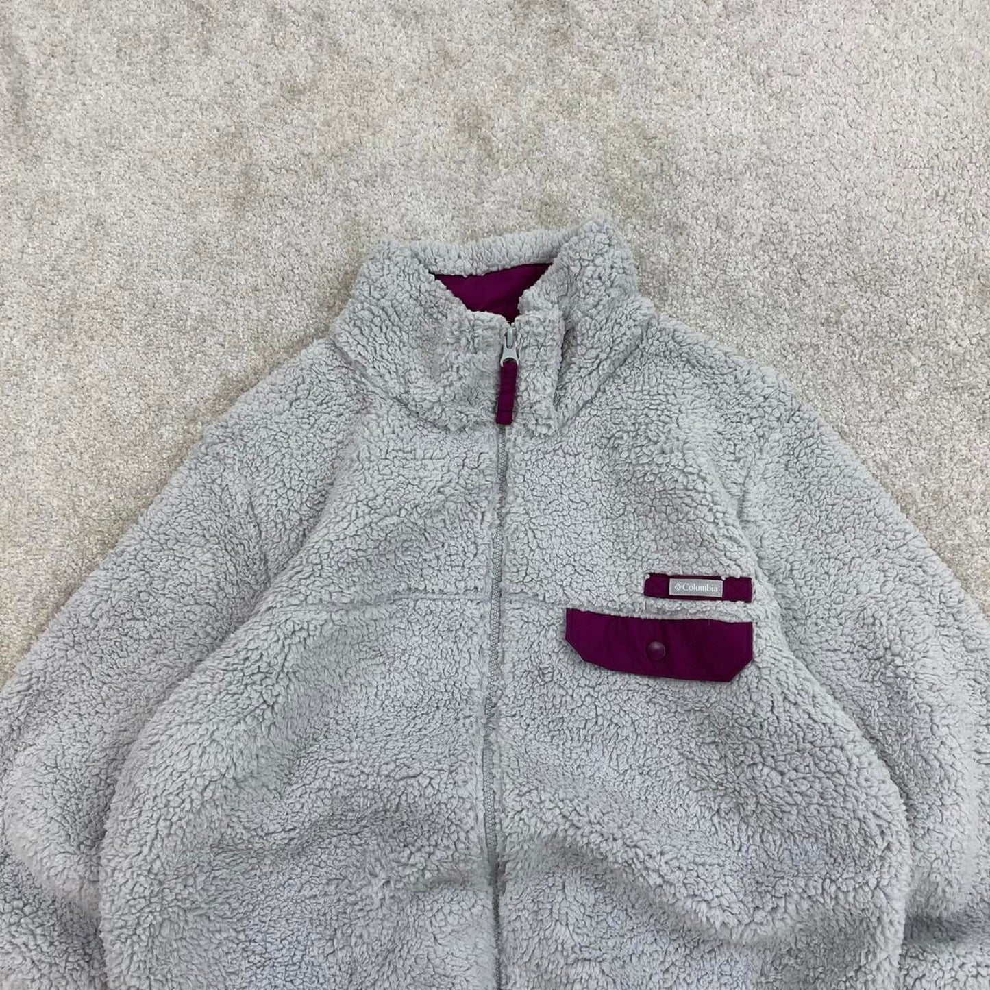 Grey Columbia technical fleece full zip deep high pile Large Women's y2k style autumn teddy bear