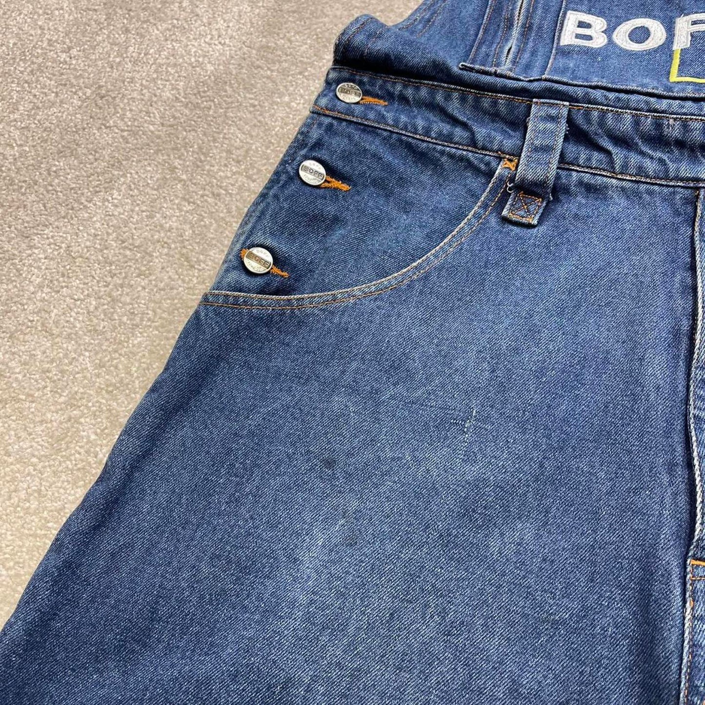 Embroidered BOFF jeans dungarees W34 90s y2k hip hop skater style denim overall shorts