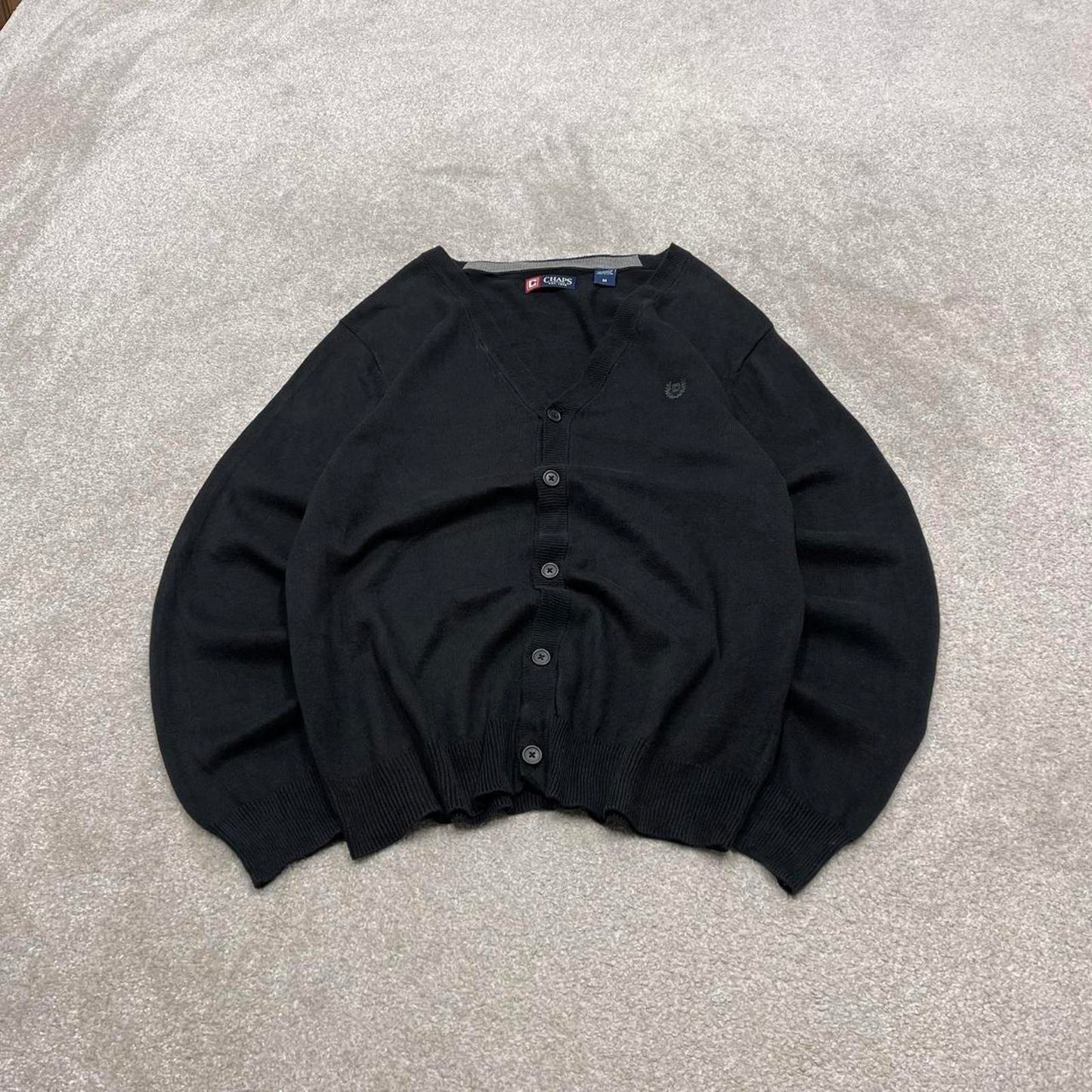 CHAPS knit cardigan jumper embroidered medium men's black knitted button up y2k 00s style