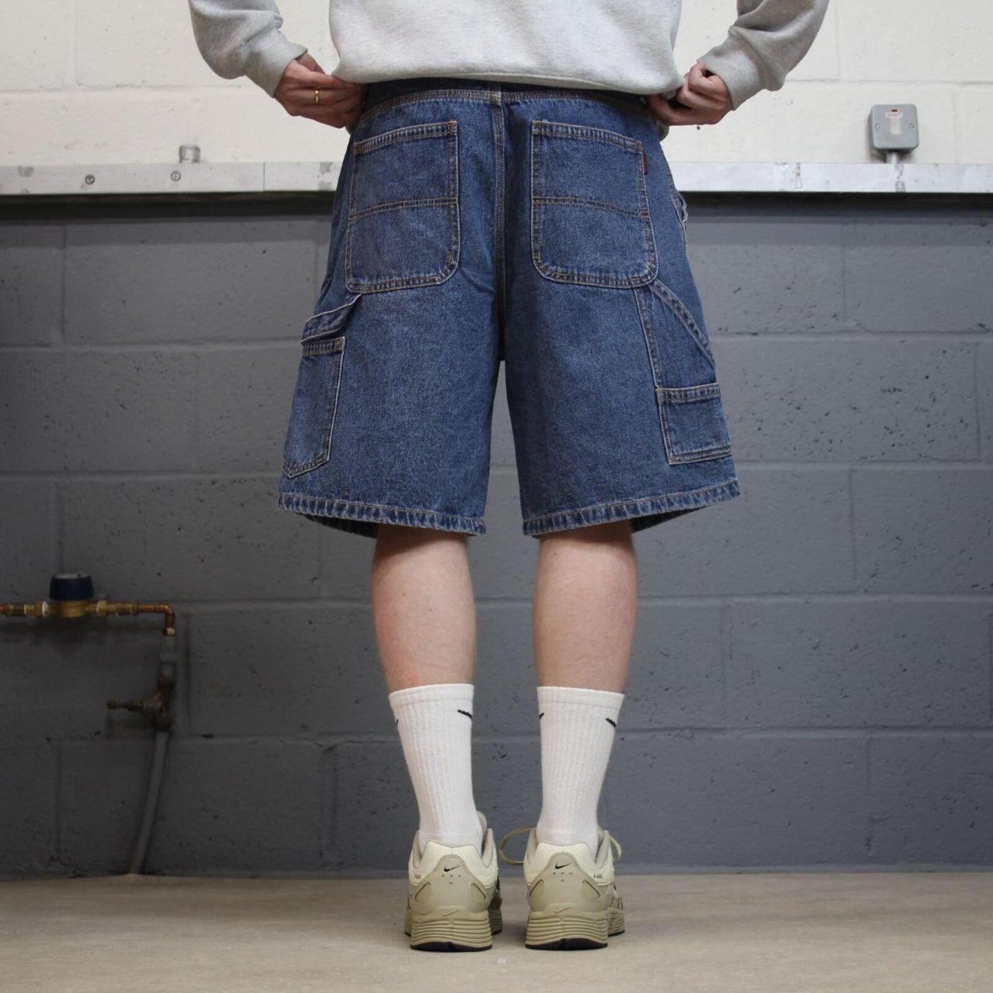 Baggy denim carpenter shorts cargo blue Wolverine skater style surf jorts