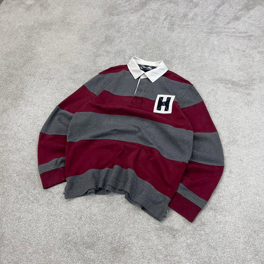 Burgundy grey Tommy Hilfiger vintage style rugby shirt Medium classic striped long sleeve polo loose
