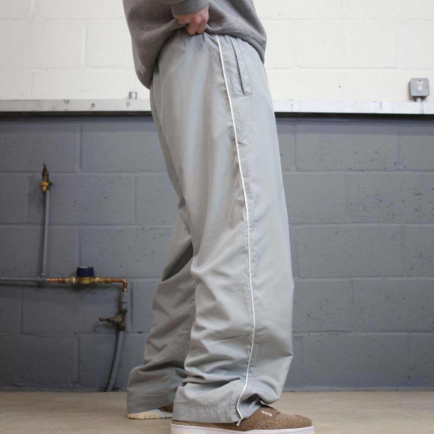 Y2k baggy Nike tracksuit bottoms grey Loose wide-leg lined embroidered stripe track pants