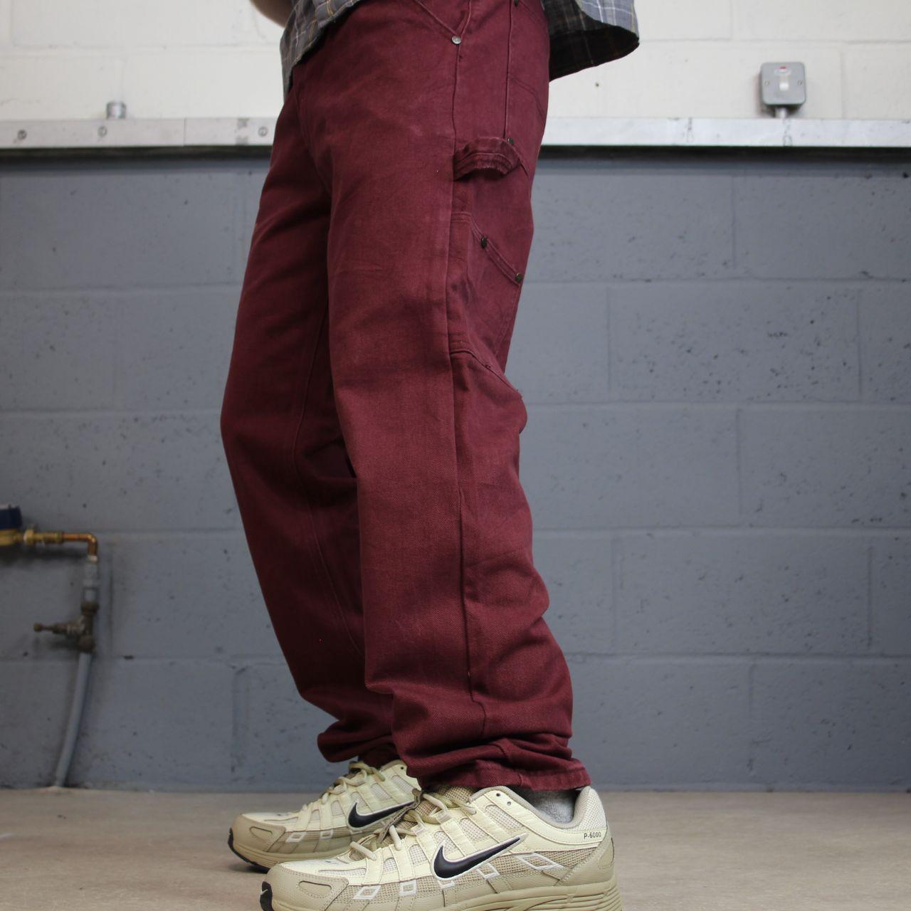 Y2K denim carpenter jeans wesc maroon straight leg skater style utility workwear trousers