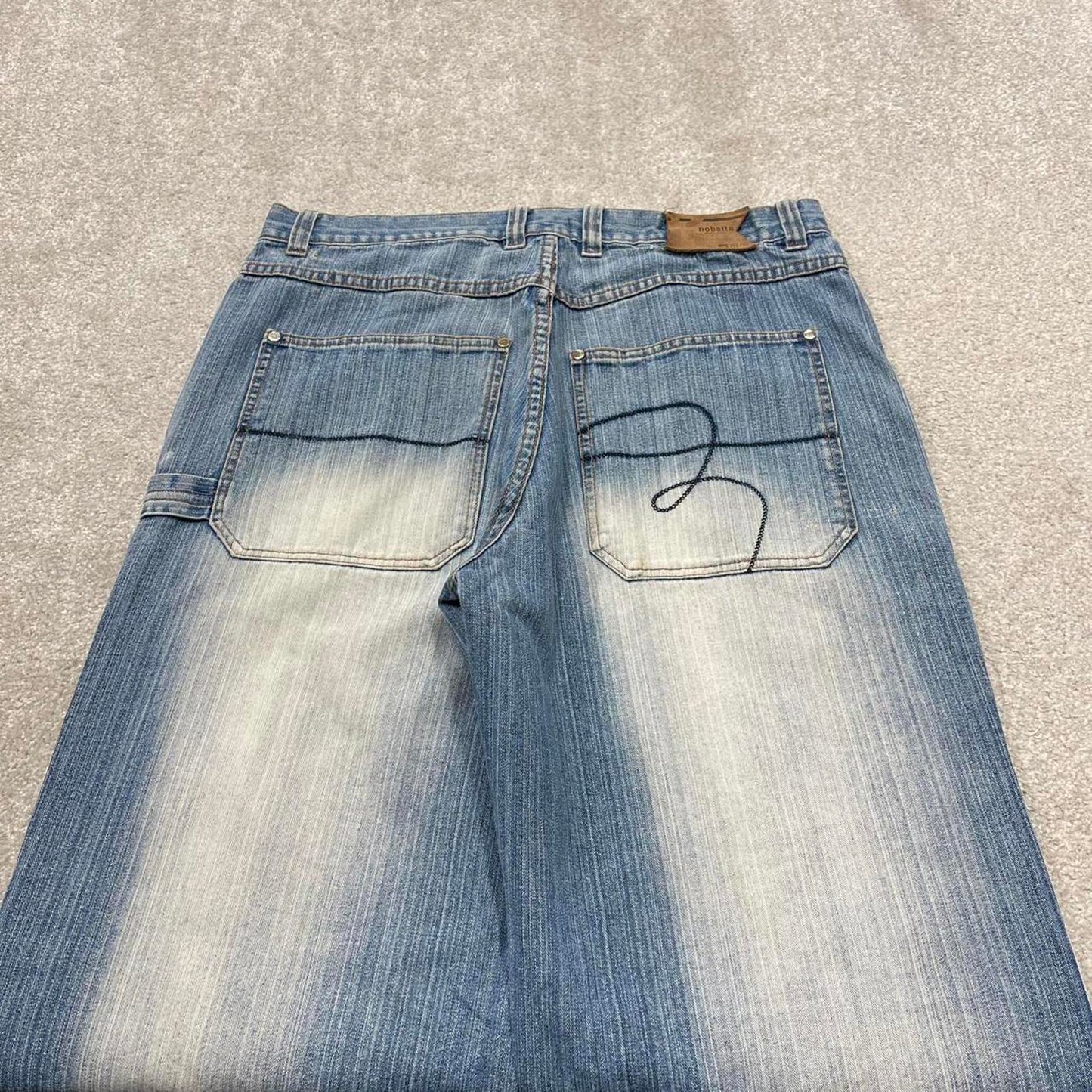 Y2K baggy embroidered jeans wide leg blue Knobetta loose fit denim skater style pants