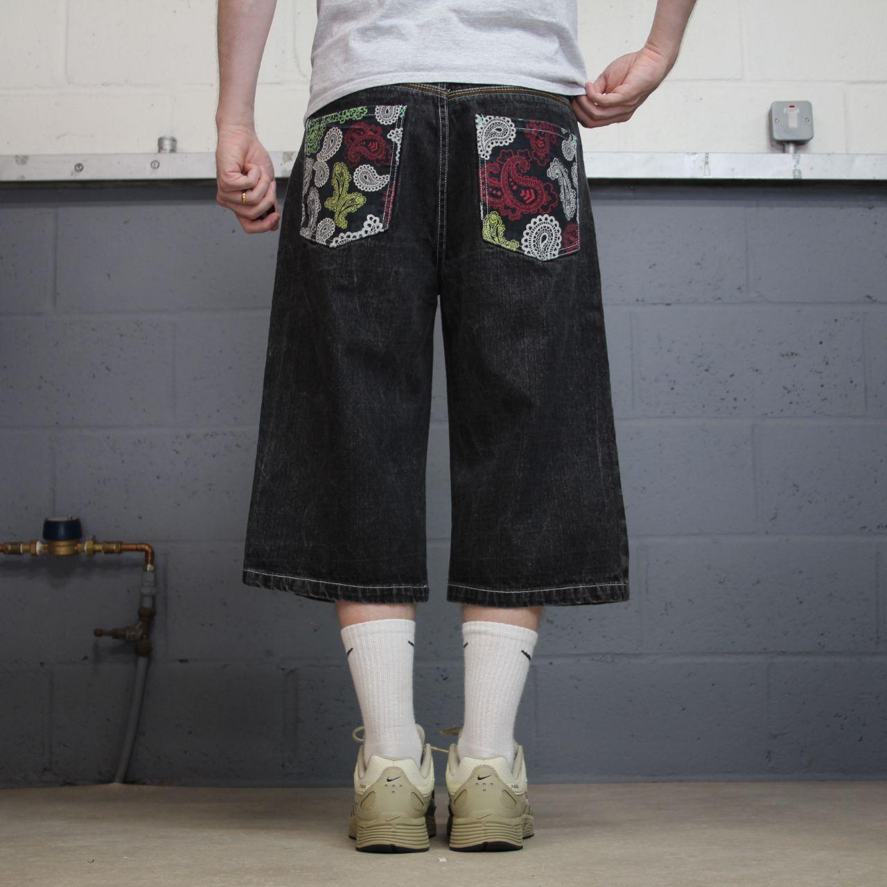 Long baggy denim shorts y2k black 4Fatherz skater style shorts with paisley pattern design