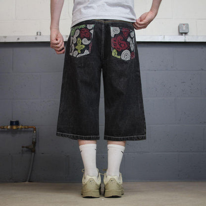 Long baggy denim shorts y2k black 4Fatherz skater style shorts with paisley pattern design