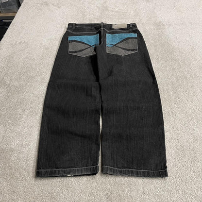 Baggy embroidered jeans y2k W36L31 black LOT29 wide leg skater style pants big embroidered designs