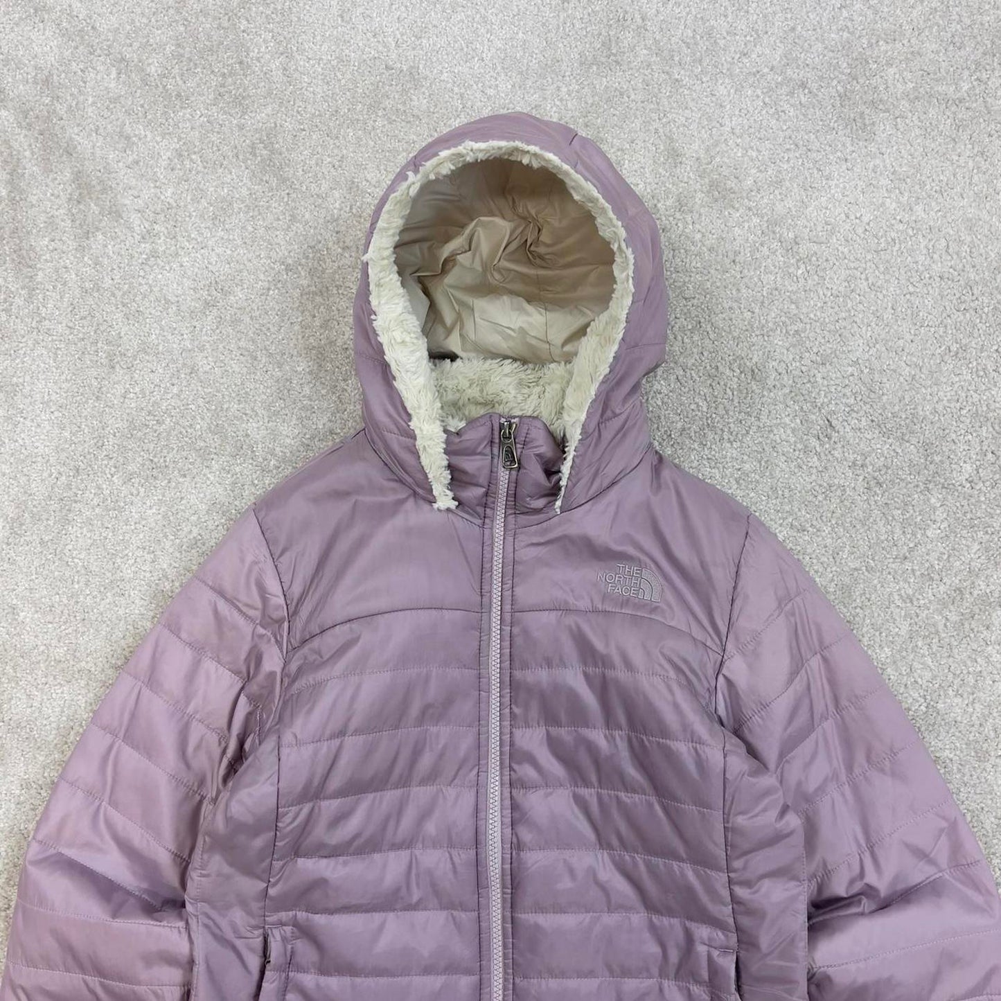 Lilac North Face quilted jacket Girls large TNF sherpa lined hooded coat y2k style zip pockets