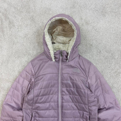 Lilac North Face quilted jacket Girls large TNF sherpa lined hooded coat y2k style zip pockets