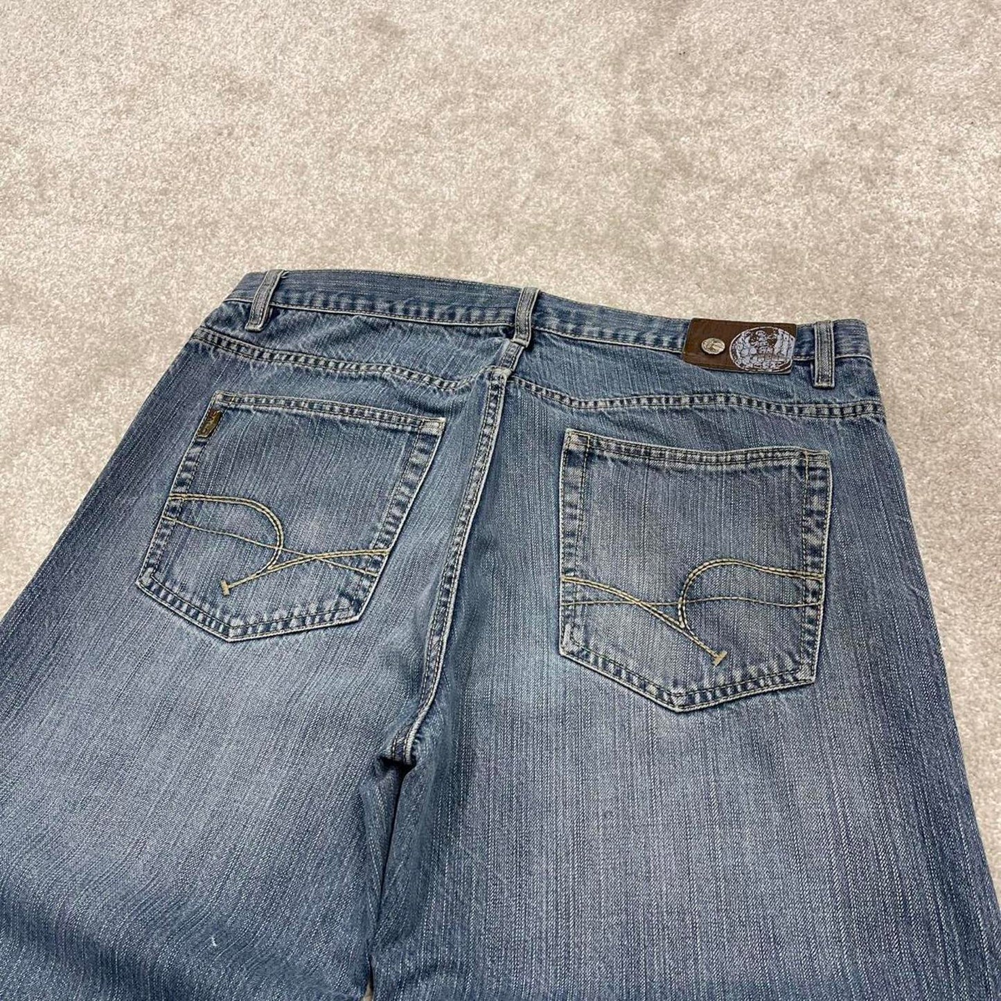 Vintage blue Paco jeans W36L32 loose baggy denim y2k style skater jeans waist patch stitch designs