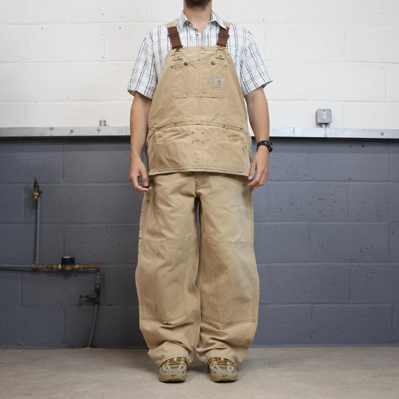 Vintage Carhartt dungarees baggy tan brown overalls Bib & brace utility workwear painter