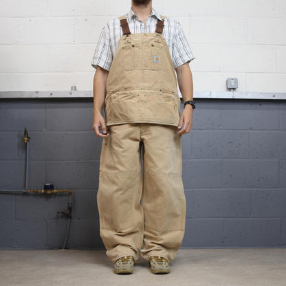 Vintage Carhartt dungarees baggy tan brown overalls Bib & brace utility workwear painter