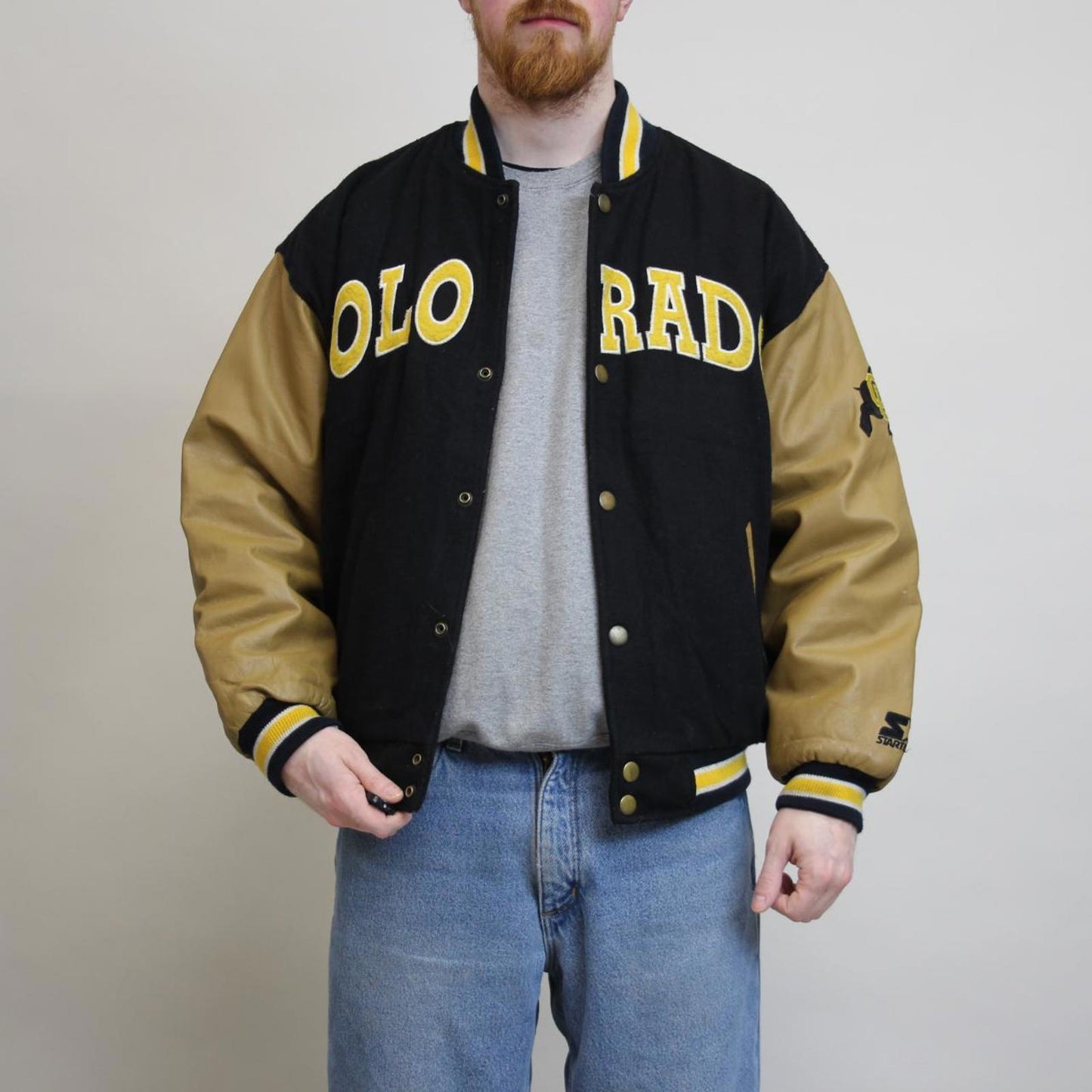 Vintage Starter wool varsity jacket Medium leather black Buffaloes CU Buffs NFL