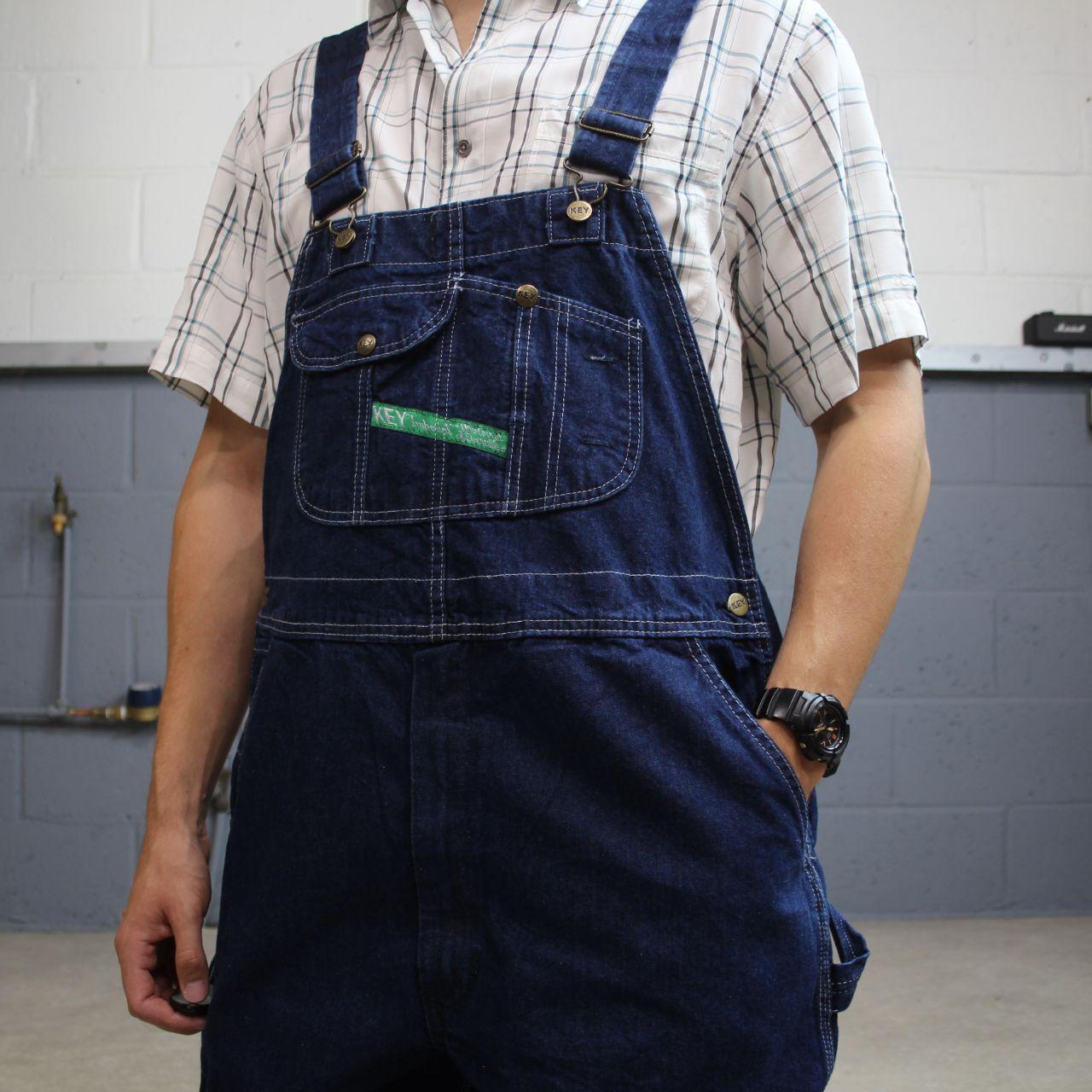 Vintage baggy denim dungarees 00s key overalls blue Patch logo and adjustable straps