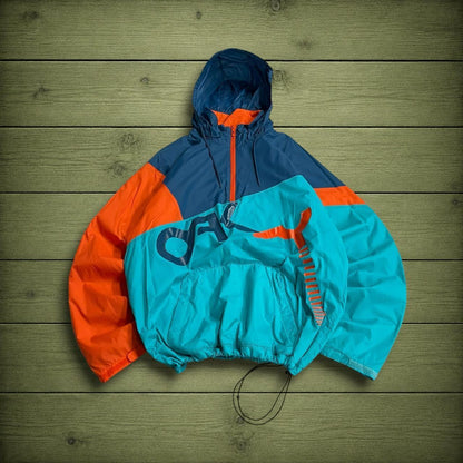 Oakley technical windbreaker jacket colour block paneled blue orange pull over half zip y2k