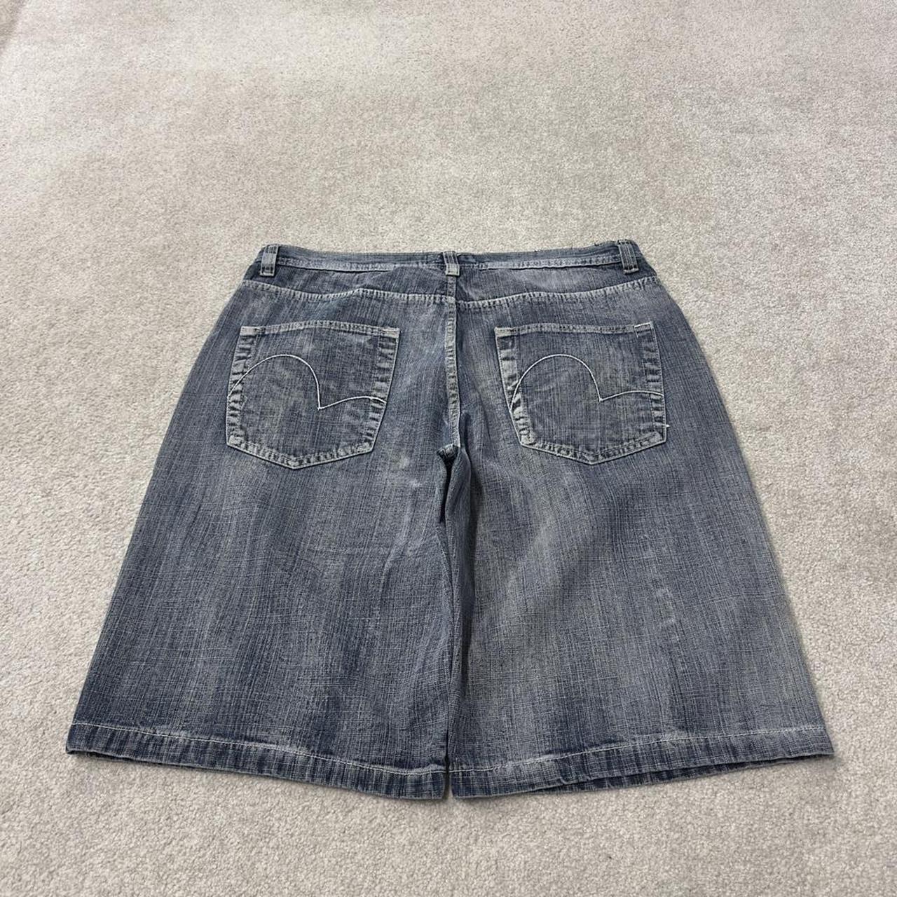 Y2K baggy denim shorts loose embroidered blue Qruel long skater / surfer style shorts