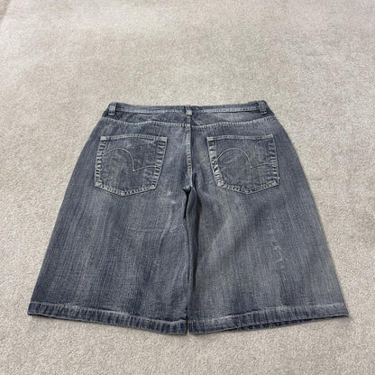 Y2K baggy denim shorts loose embroidered blue Qruel long skater / surfer style shorts